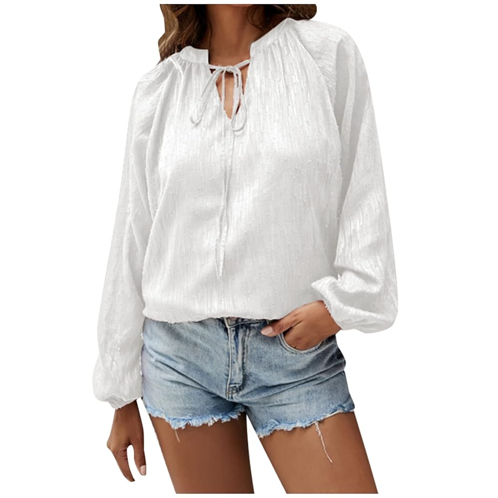 Women's Chiffon Tops Rope Tie V-Neck Long Sleeve Color Solid